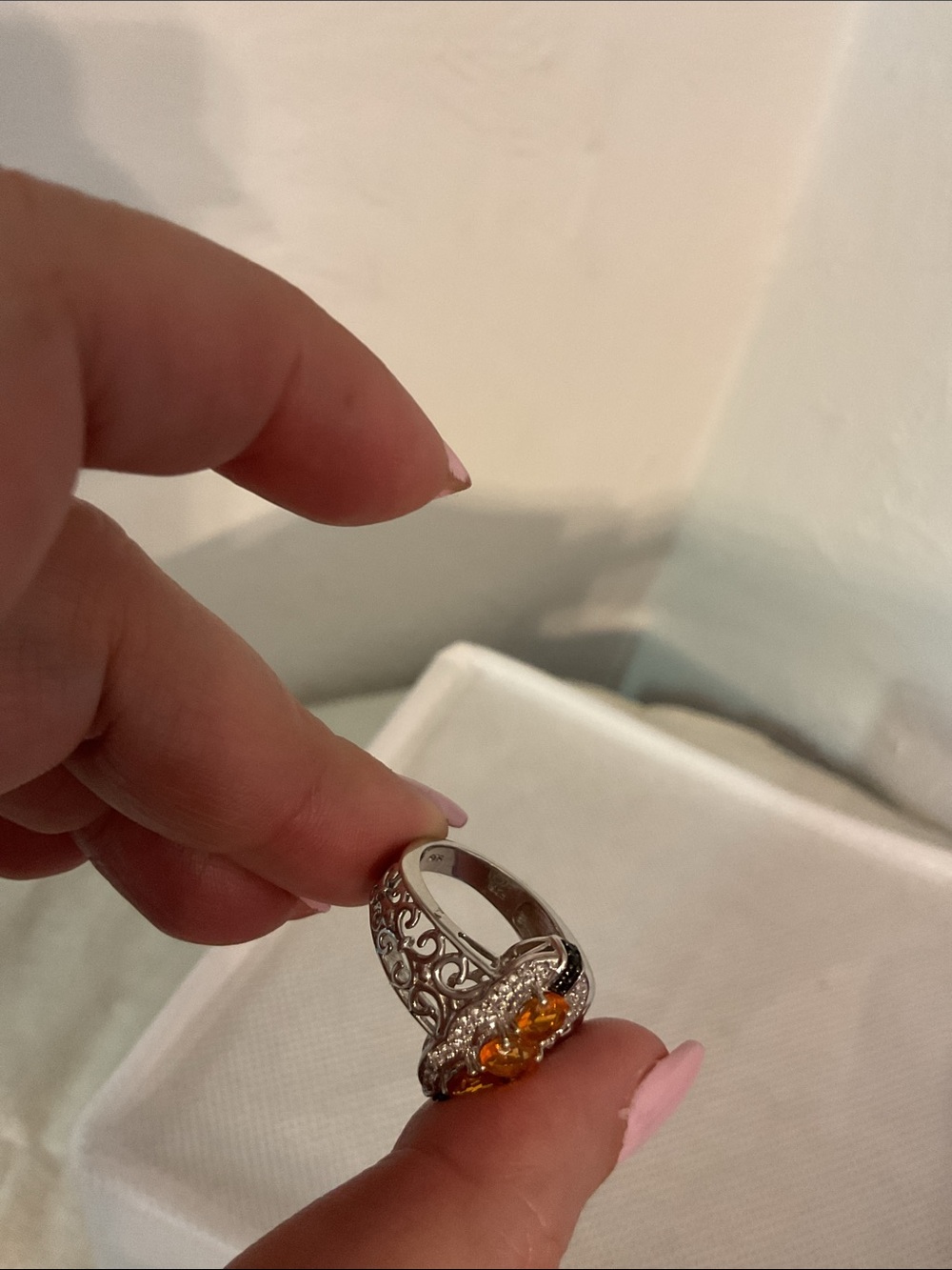 Art Deco Revival Filigree Navette Ring Size 7 Sterling Silver & Citrine - Picture 6 of 6